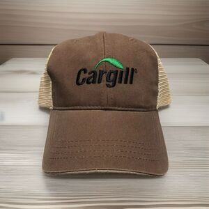 Cargill Hat Trucker Cap Brown & Khaki Mesh Adjustable Strap Logo Employee Farm